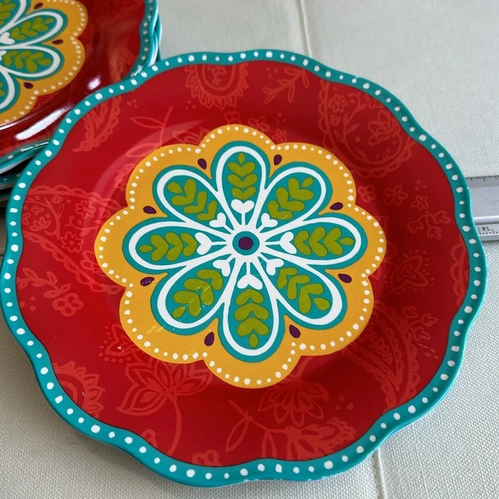 7 pc set Pier One Imports Melamine Dinner Plates Salad Sunny Bright Paisley‎ GUC